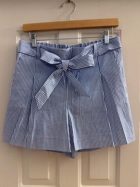 J. Crew Factory Blue and White Stripe Trouser Shorts with Sash Belt